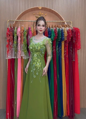  ÁO DÀI DẠ HỘI XANH BƠ -  DH1013